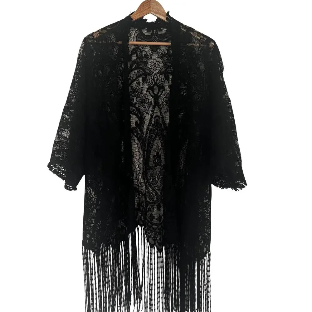 Womens Black Lace Kimono Fringe Shawl Sheer Boho Whimsigoth Layering One Size
